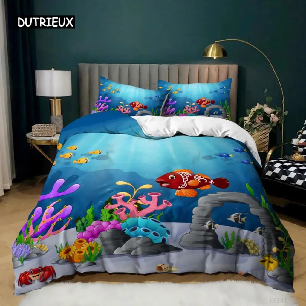 Set Copripiumino Oceanico, Misura King e Twin, Set Biancheria da Letto a Tema Marino, Copripiumino in Microfibra con Motivi di Coralli, Pesci, Granchi e Animali Subacquei