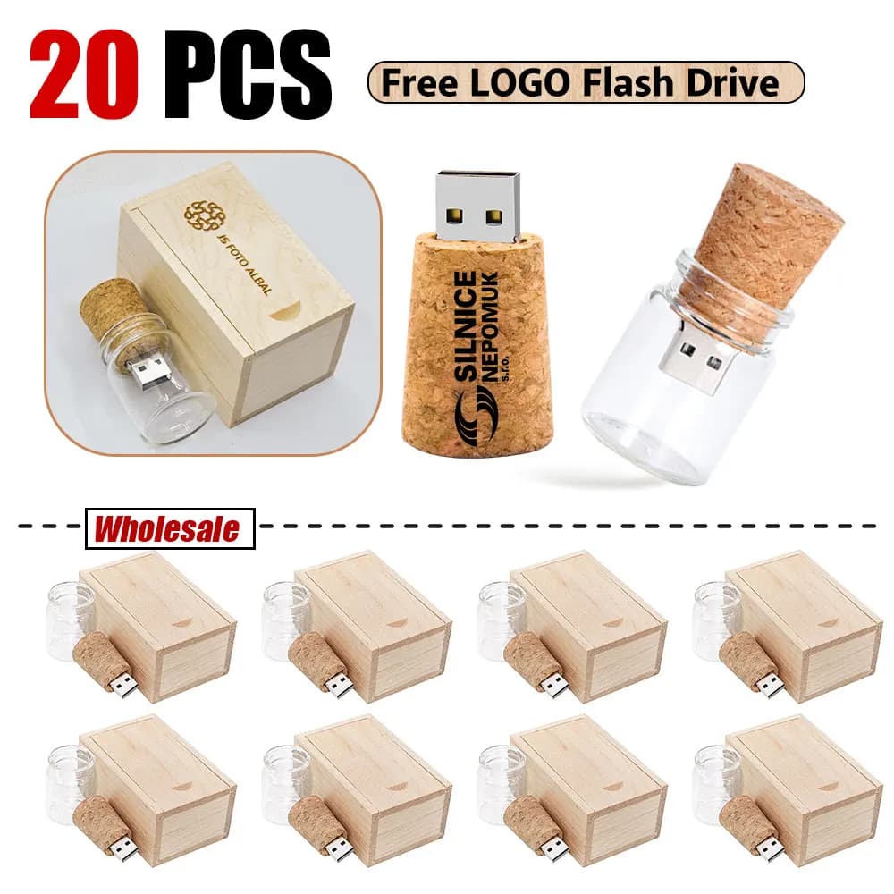 20 pz/lotto USB 2.0 Bottiglia di Vetro Drift con Sughero Flash Drive Stick Pendrive 4 GB 8 GB 16 GB 32 GB 64 GB 128 GB Regalo di Nozze
