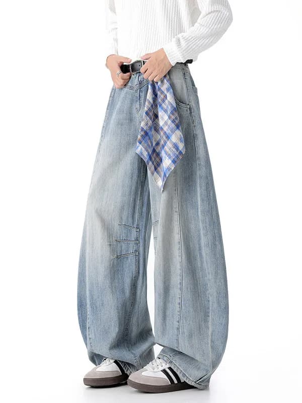 TANGZ Studio American Sle Jeans Casual in Cotton with Removable Scarf, Baggy Style in Gamba Larga, Banana Model