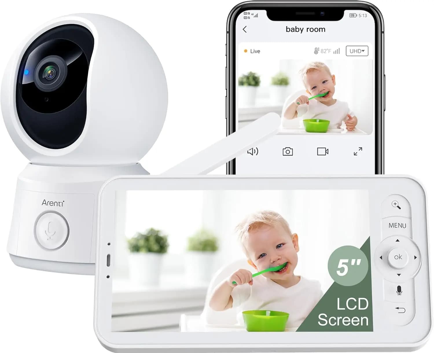 Monitor per Bambini WiFi da 5 Pollici con App, Tracciamento del Movimento, Visione Notturna, Comunicazione Bidirezionale, Sensore di Temperatura e Ninna Nanna