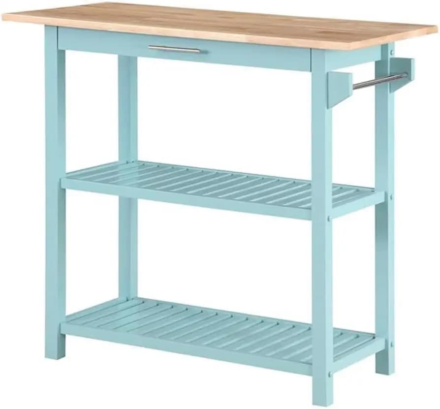 Isola da cucina a tre livelli, 40 x 20 x 36,75 pollici, in legno di gomma e MDF, piano in legno massello naturale, finitura blu Seafoam