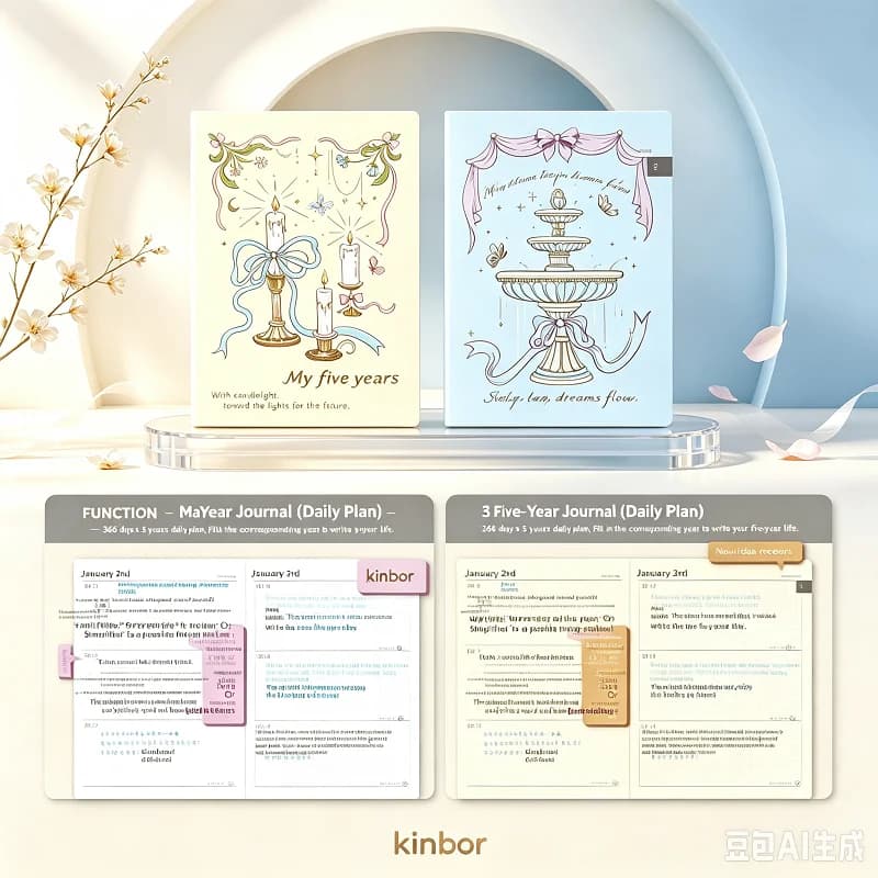 Kinbor A5 3 & 5 Year Undated Journal Planner Notebook,64g Premium Anti-seepage Ink Thick Paper,Exquisite Stationery Gift Notepad
