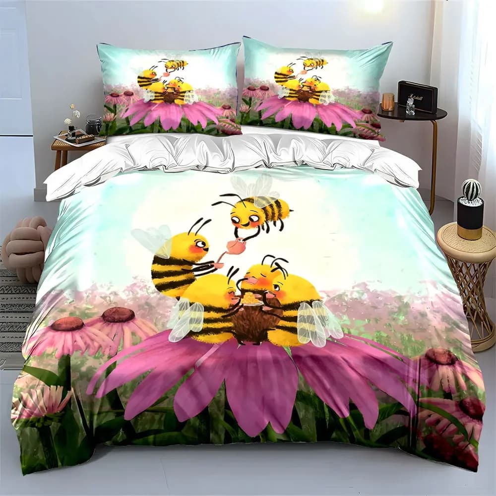 Set di Biancheria da Letto con 3 Pezzi, Stampa di Api Intriganti che Fanno un Picnic su Fiori Rosa, Copripiumino Allegro per la Cameretta dei Bambini