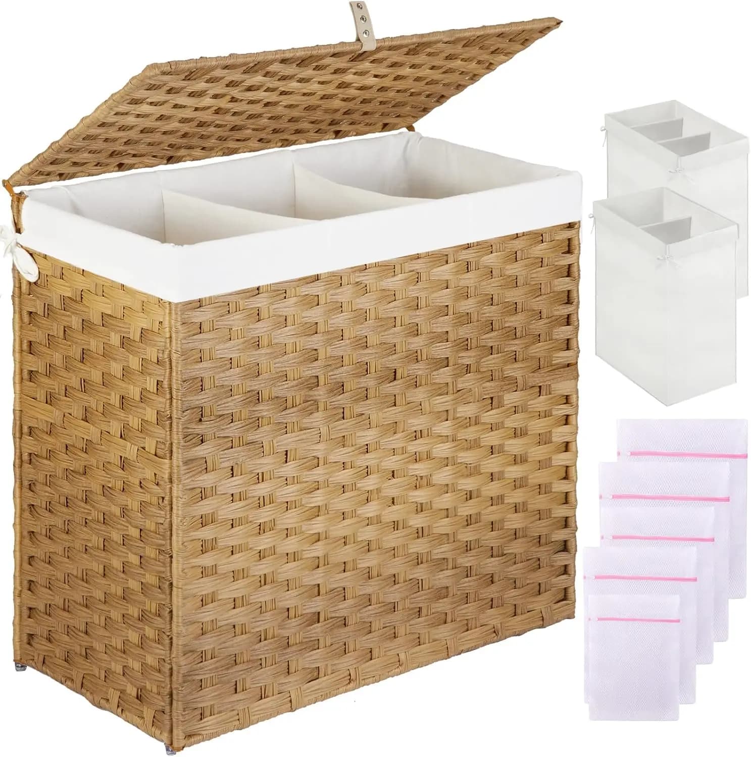125L Large Whitery Basket with Cover, 3 and 2 Parts with Removable Bags, 5 Net Bags, Rattan Basket