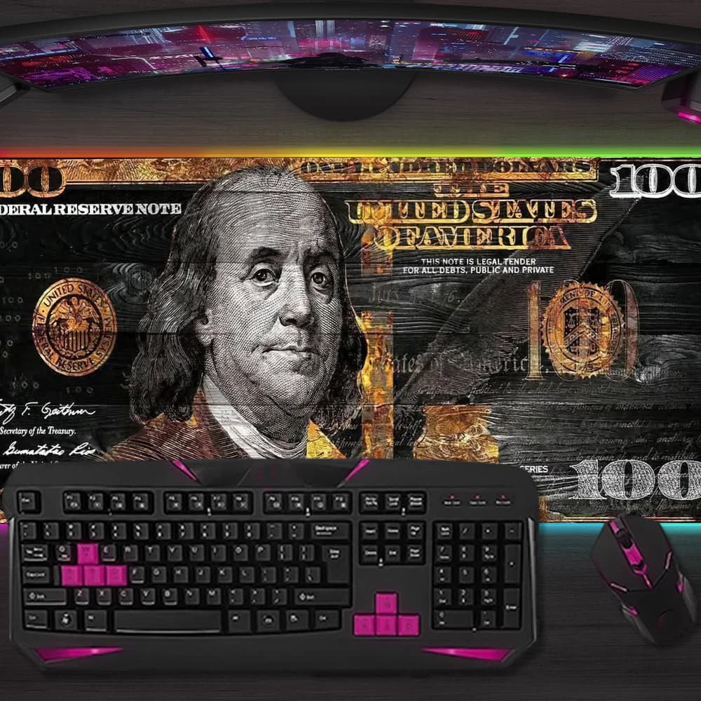 Tappetino per Mouse Classico a Tema Dollaro, Divertente Tappetino da Gioco LED, Tappetino da Scrivania XXL in Gomma Retroilluminato RGB con Micro USB