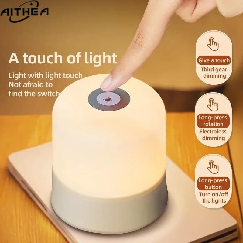 LED Night Lamp AITHEA with Touch Sensor, Rechargeable, 3 Color Dimmable, Bedroom and Reading Portable