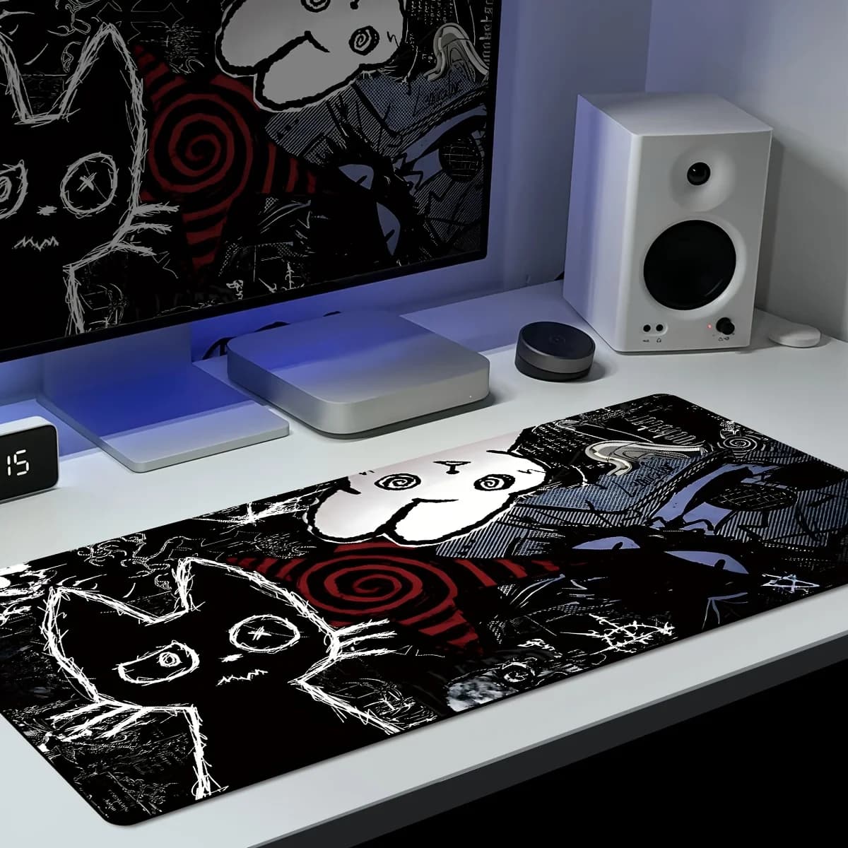 Tappetino per mouse da gaming con schizzo di gatto grunge in bianco e nero, grande tappetino da scrivania antiscivolo con stile graffiti audace per giocatori e home office
