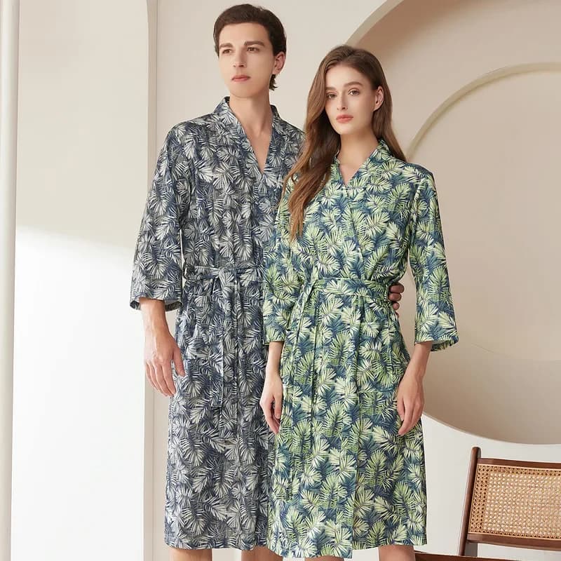 Stampa Waffle Accappatoio Uomo Donna Estate Abito sottile Doccia Vestaglia scozzese Lunghezza al ginocchio Camicia da notte traspirante Panno per la casa