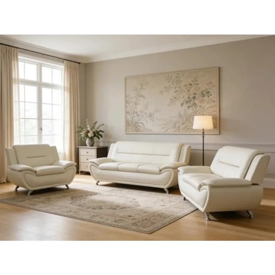 3-Piece Living Room Furniture, Modern White Faux Leather Sofa Set with Sturdy Metal Legs, 3-Seat Sofa + Loveseat + Armchair,Eas