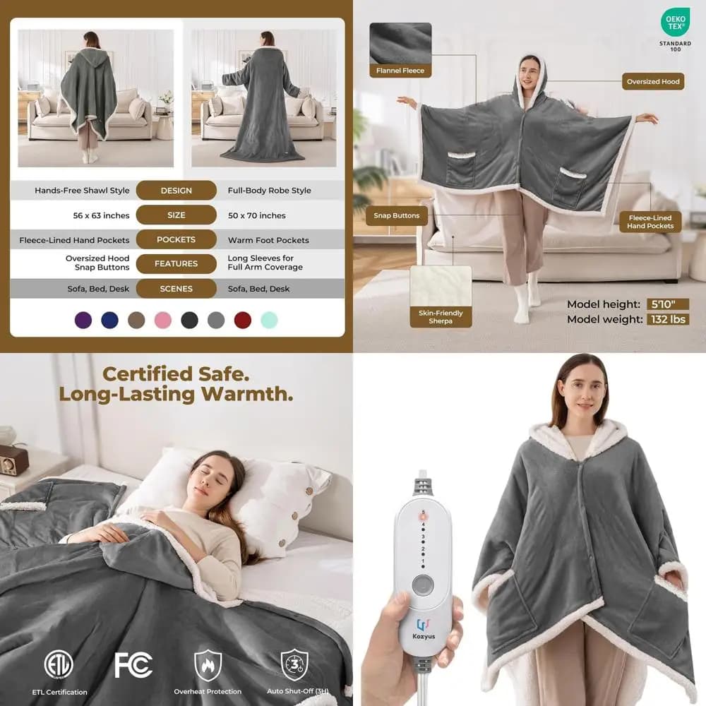 Coperta riscaldata elettrica con cappuccio e tasche, 5 livelli, spegnimento automatico, lavabile, certificata, unisex, grigio chiaro, 56x63