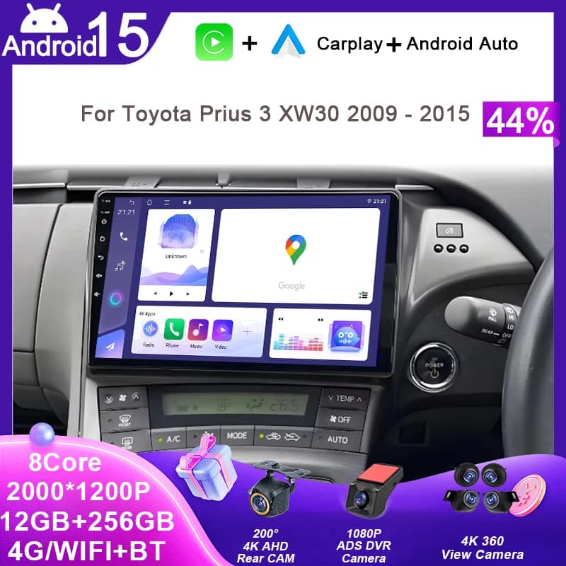 Android 15 For Toyota Prius 3 XW30 2009 - 2015 RHD Multimedia Video Player Stereo GPS Navigation 4G Wifi Head Unit Audio No 2din
