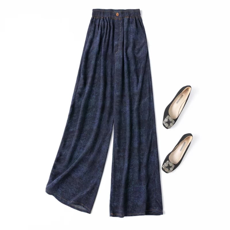 Pantaloni da donna 100% seta di gelso 16 momme seta tipo ampio gamba larga jeans blu scuro pantaloni lunghi stampati pantaloni con tasche L XL M1155