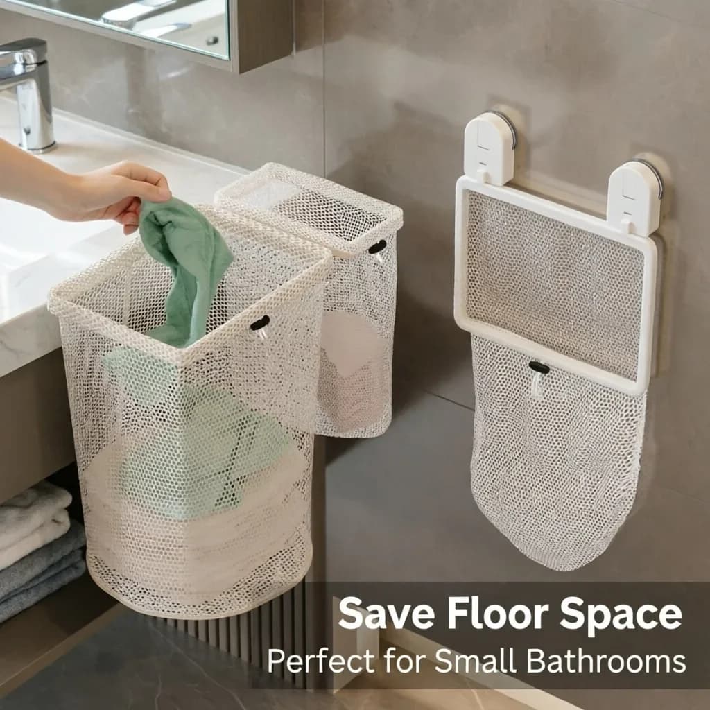 Foldable Portable Wall Mounted Laundry, Basket Mesh Suction Cup, Bathroom Laundry Bag Dirty Clothes, Hamper Hotel Home Storage B