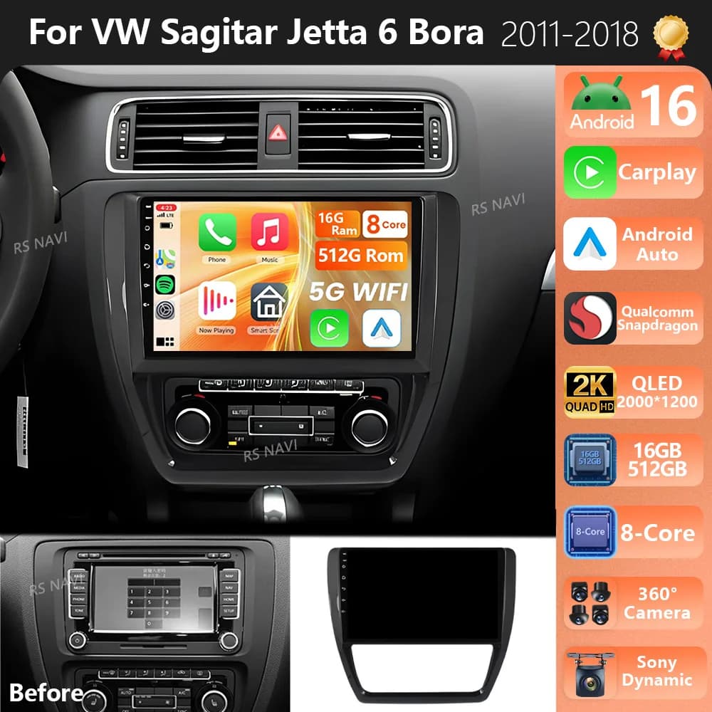 Plug and Play Android 15 Per VW Volkswagen Jetta 6 MK6 2011 - 2018 2K QLED Android Auto Radio Lettore Video Multimediale CarPlay