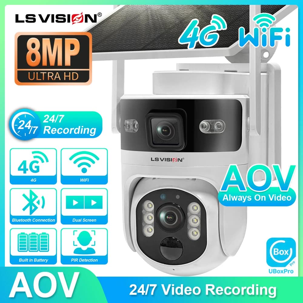 LS VISION Telecamera di sorveglianza esterna Telecamere di sicurezza Wifi Registrazione 4G 24 ore su 24, 7 giorni su 7 AOV + PIR Rilevamento umano Monitoraggio automatico UBOX Pro