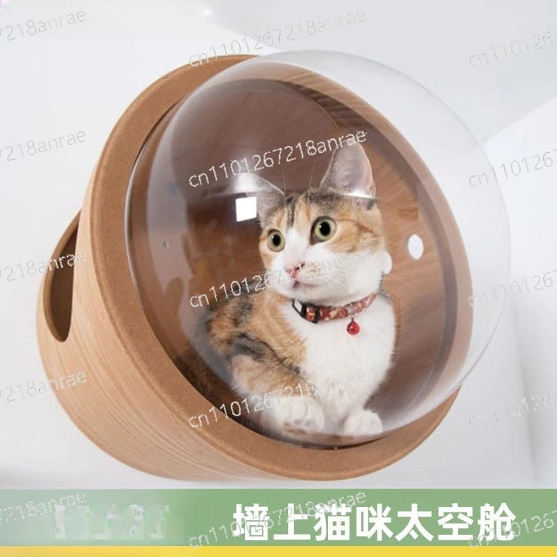 Coprifilo rotondo trasparente da parete, lettiera per gatti a capsula da parete, set piattaforma per gatti in legno