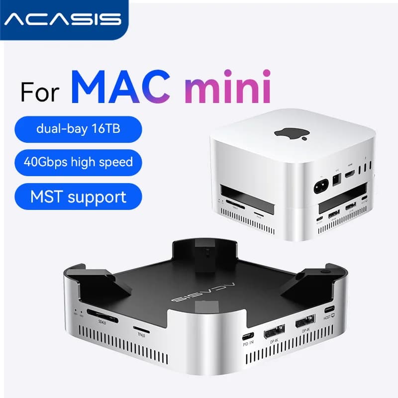 Stazione di docking Acasis USB-C da 40 Gbps | Doppio SSD NVMe M.2 da 16 TB con supporto massimo per porte USB-A DP4K144Hz (singolo) TF/SD per Mac Mini M4/M4Pro