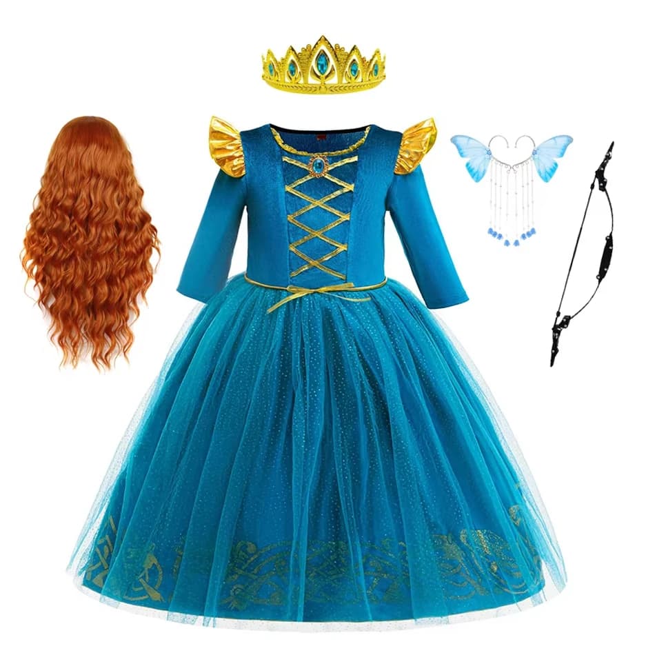 Costume da Principessa Merida per Bambine, Abito Deluxe con Parrucca Rossa, Arco e Freccia per Feste in Maschera di Halloween