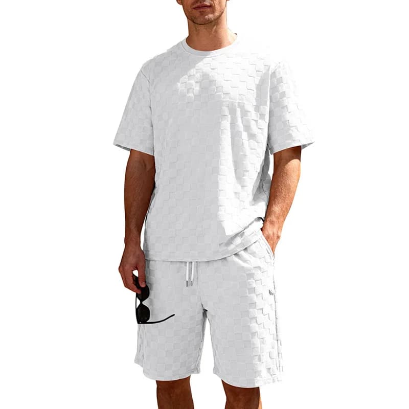 Men Summer High Street Jacquard Checkerboard Loose Short Sleeve Top Shorts Casual Two Piece Set S-3XL