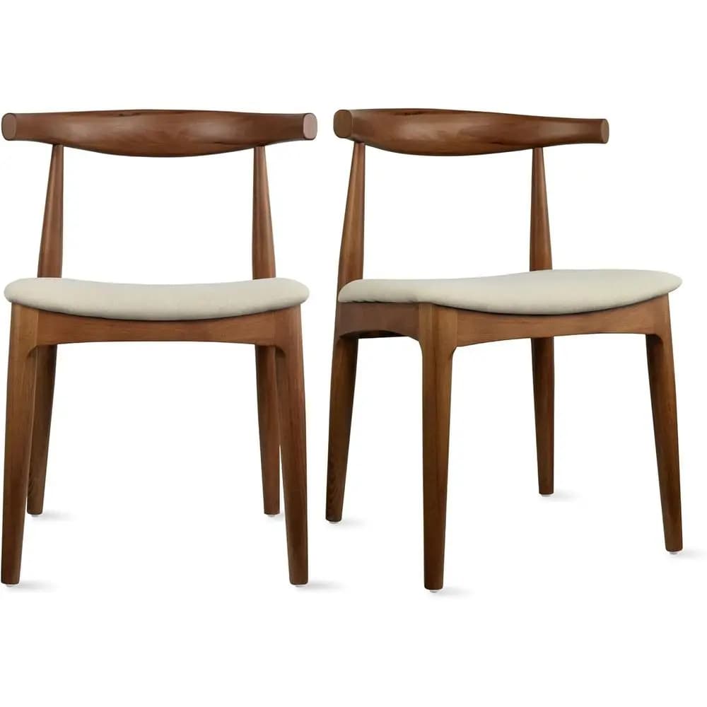 Coppia di Sedie da Pranzo in Legno Massello con Sedili Imbottiti in Lino Beige per Casa, Cucina e Ufficio