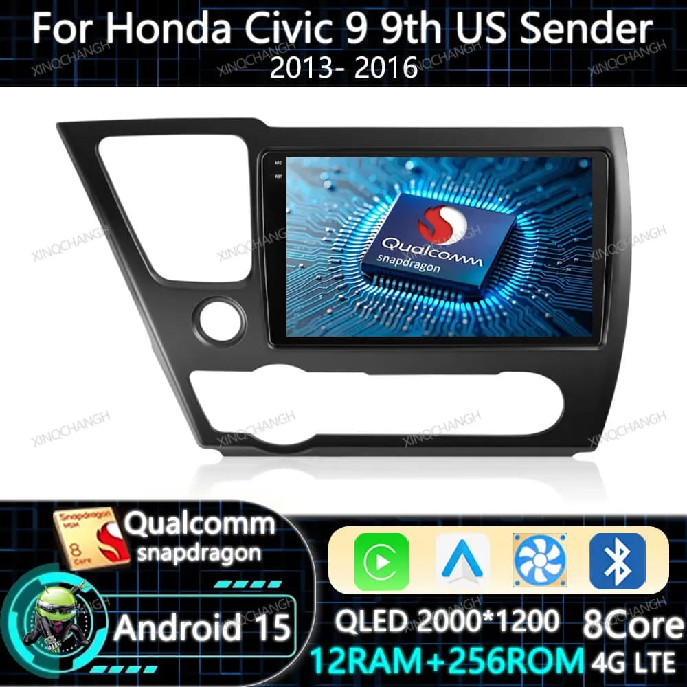 Android 15 Car Radio Carplay Auto For Honda Civic 9 9th US Sender Coupe GPS Head Unit Qualcomm 4G WIFI Multimedia Video Player