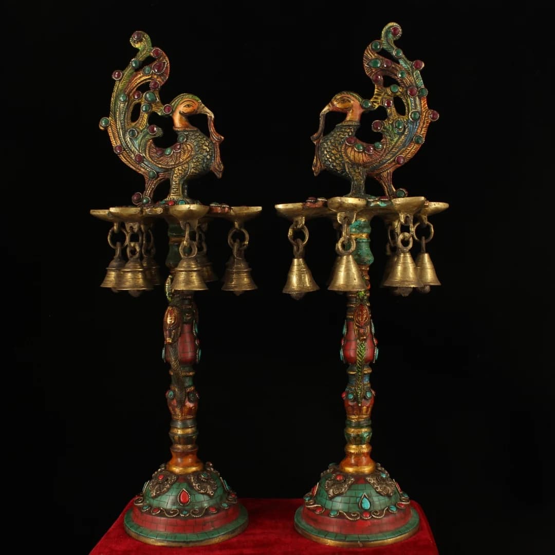 17"Xizang Folk Old Bronze Outline in gold Mosaic Gem Turquoise Phoenix Lotus Wind Chime Candlestick Oil lamp