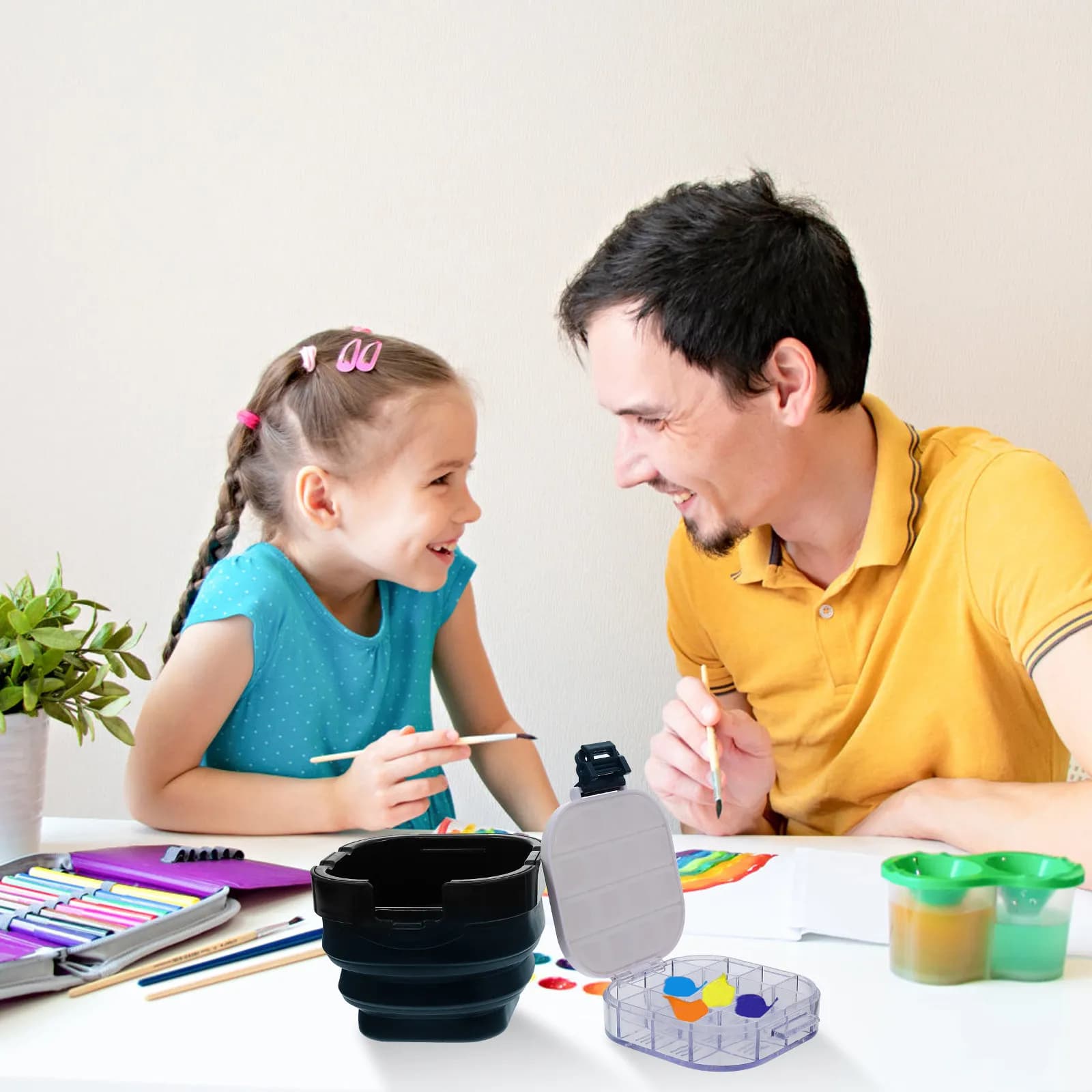 Foldable Silicone PP Painting Brush Cleaning Bucket Portable Art Wash Barrel with Handle Pigment Box Design for Kids Home School