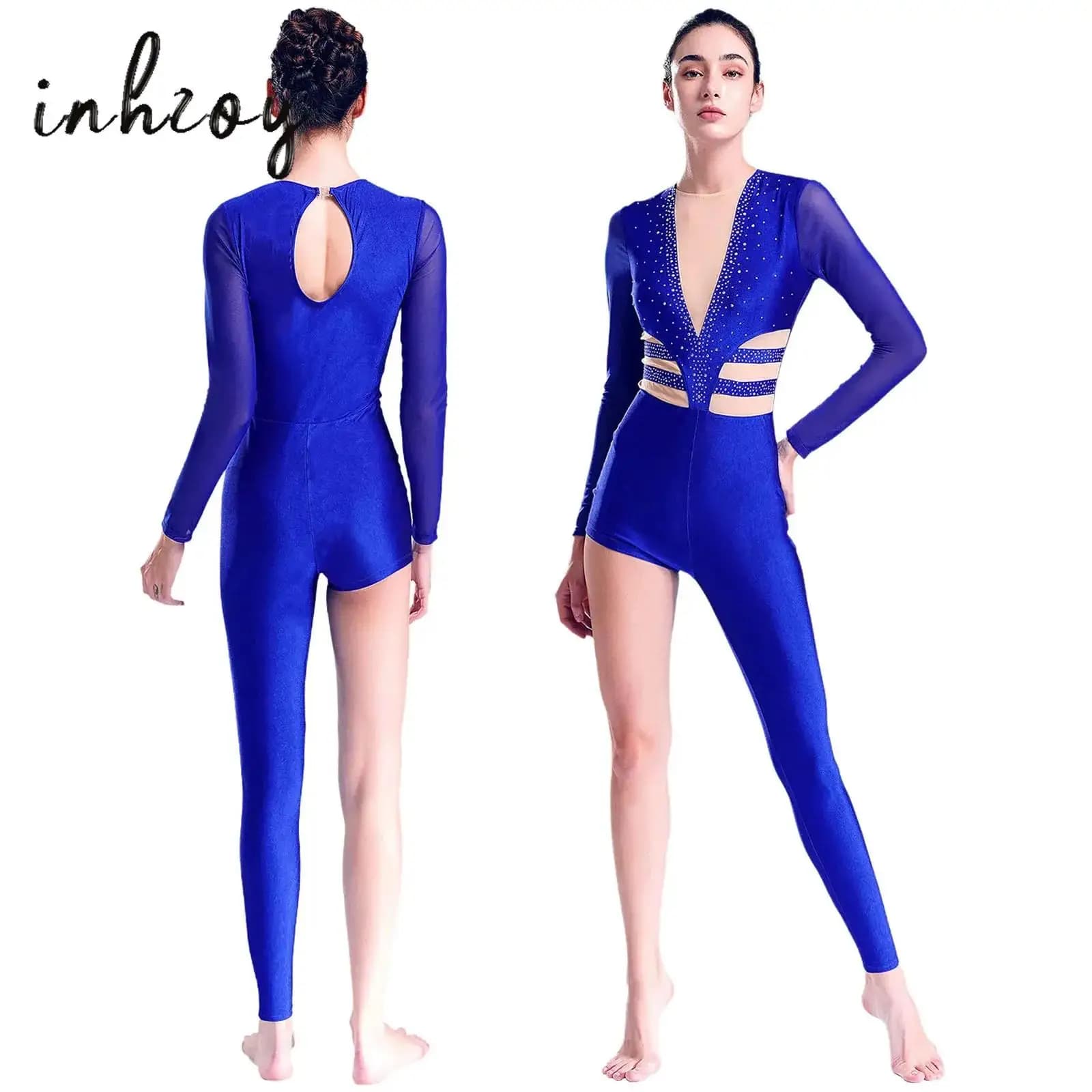 Tuta asimmetrica da donna Gamba singola Maglia Strass Balletto Ginnastica Tuta intera Costume da pattinaggio di figura per danza latina