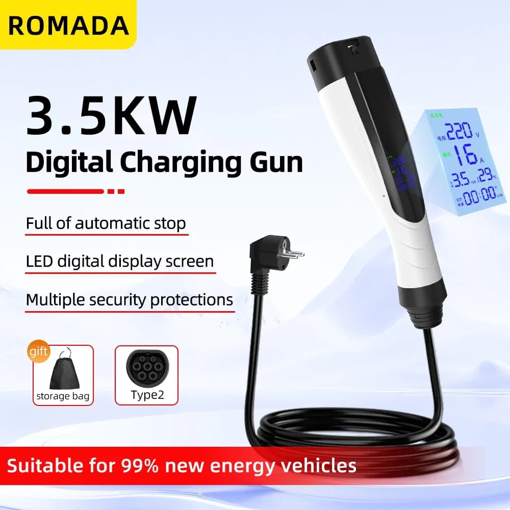 ROMADA NUOVO 3.5KW 16A Caricatore EV portatile IP66 Wallbox con schermo di visualizzazione Cavo 3M-10M IEC62196 TYPE2 Spina UE Ricarica rapida