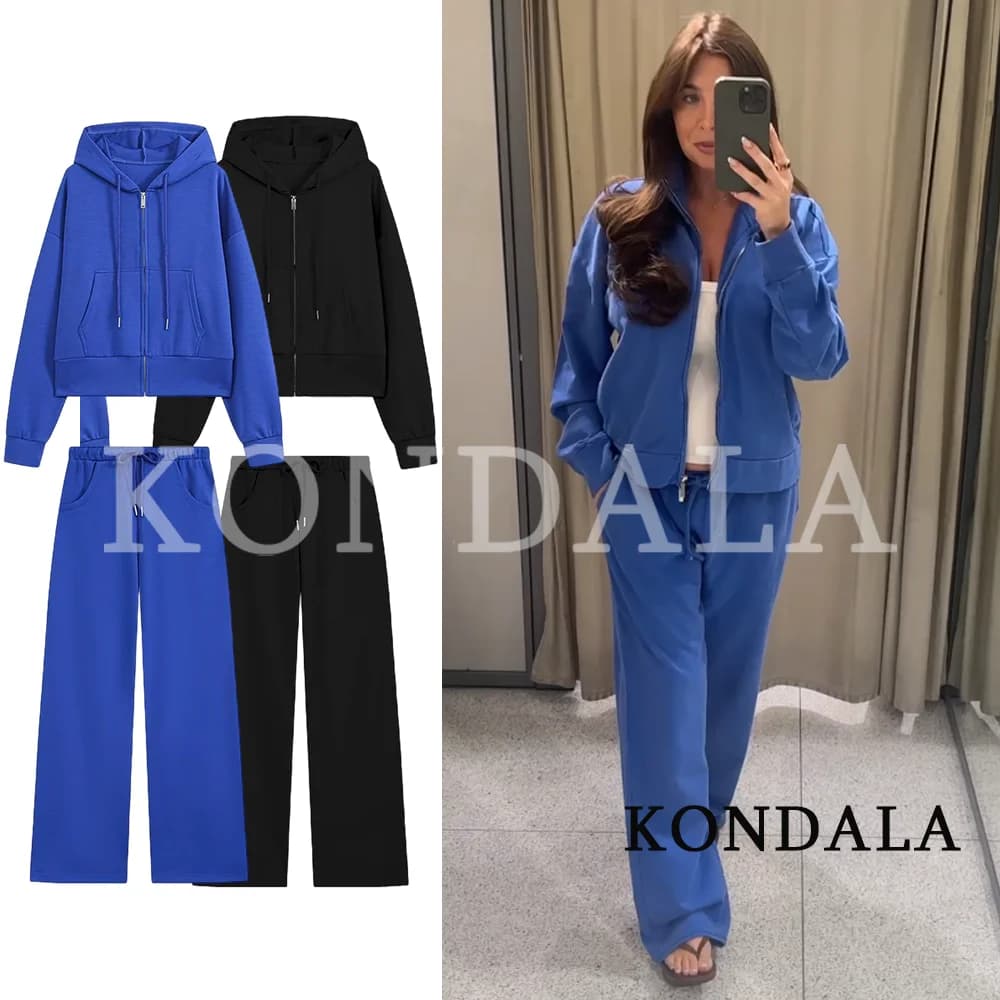 KONDALA Women Sport Casual Pants Set Hooded Zipper Jacket, Drawstring Pants 2026 Early Autumn Fall Trendy City Walk Elegant Set