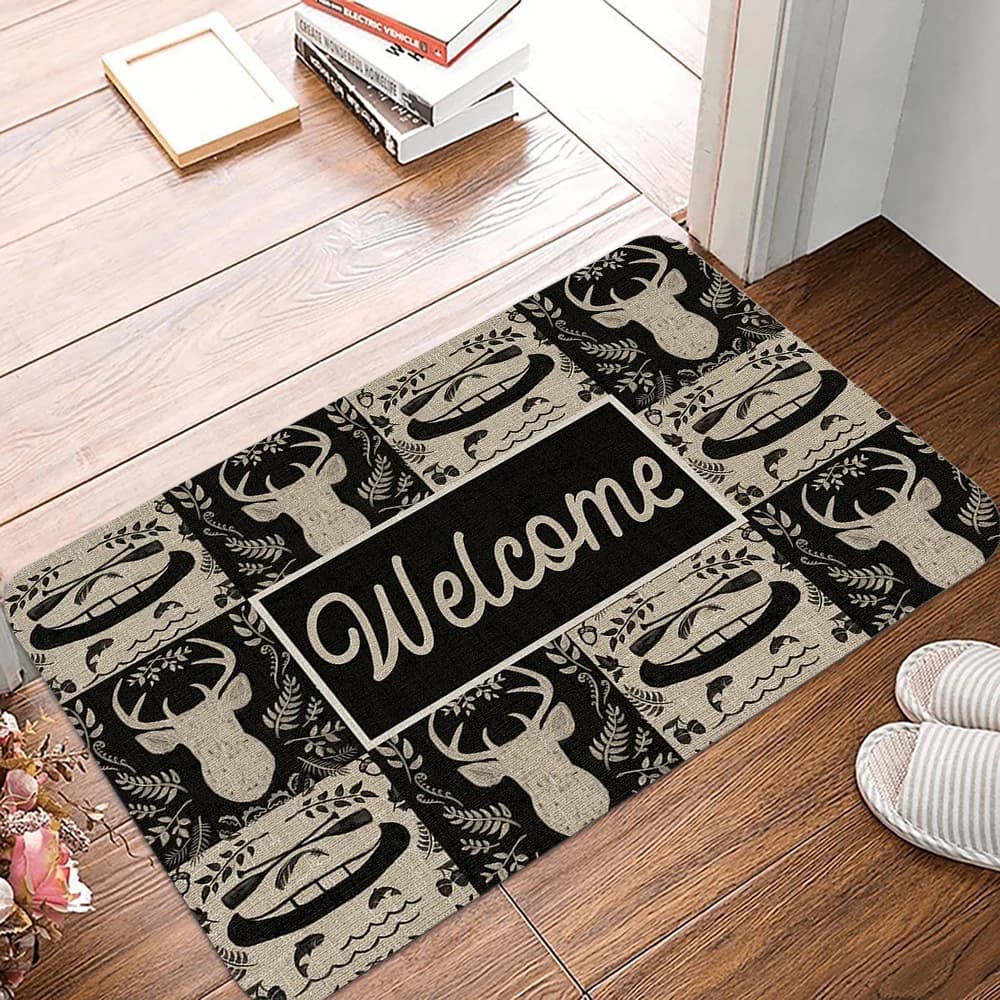 Tappeto Decorativo Rustico con Motivo Cervo, Canoa e Pesca per Ingresso, Portico e Decorazione della Casa