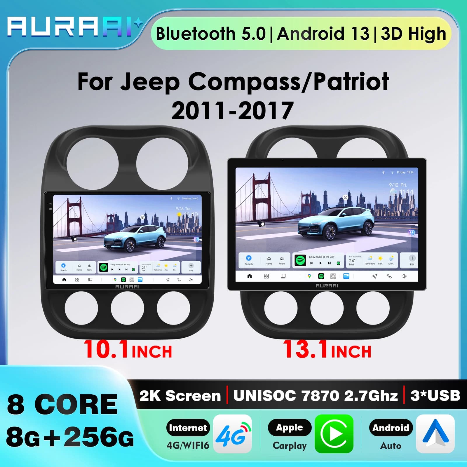 Autoradio Android Multimedia Player 2Din CarPlay per Jeep Compass Patriot 2011-2017 con Android Auto, ADAS, telecamera a 360°, GPS e RDS