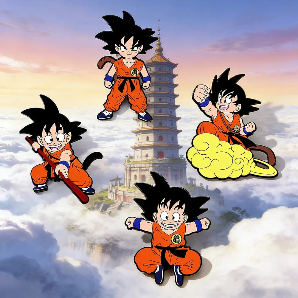 Set of 4 Polished Metal Pins with Dragon Ball Characters, Son Goku, Accessories for Dresses and Backpacks, Gift Ideas