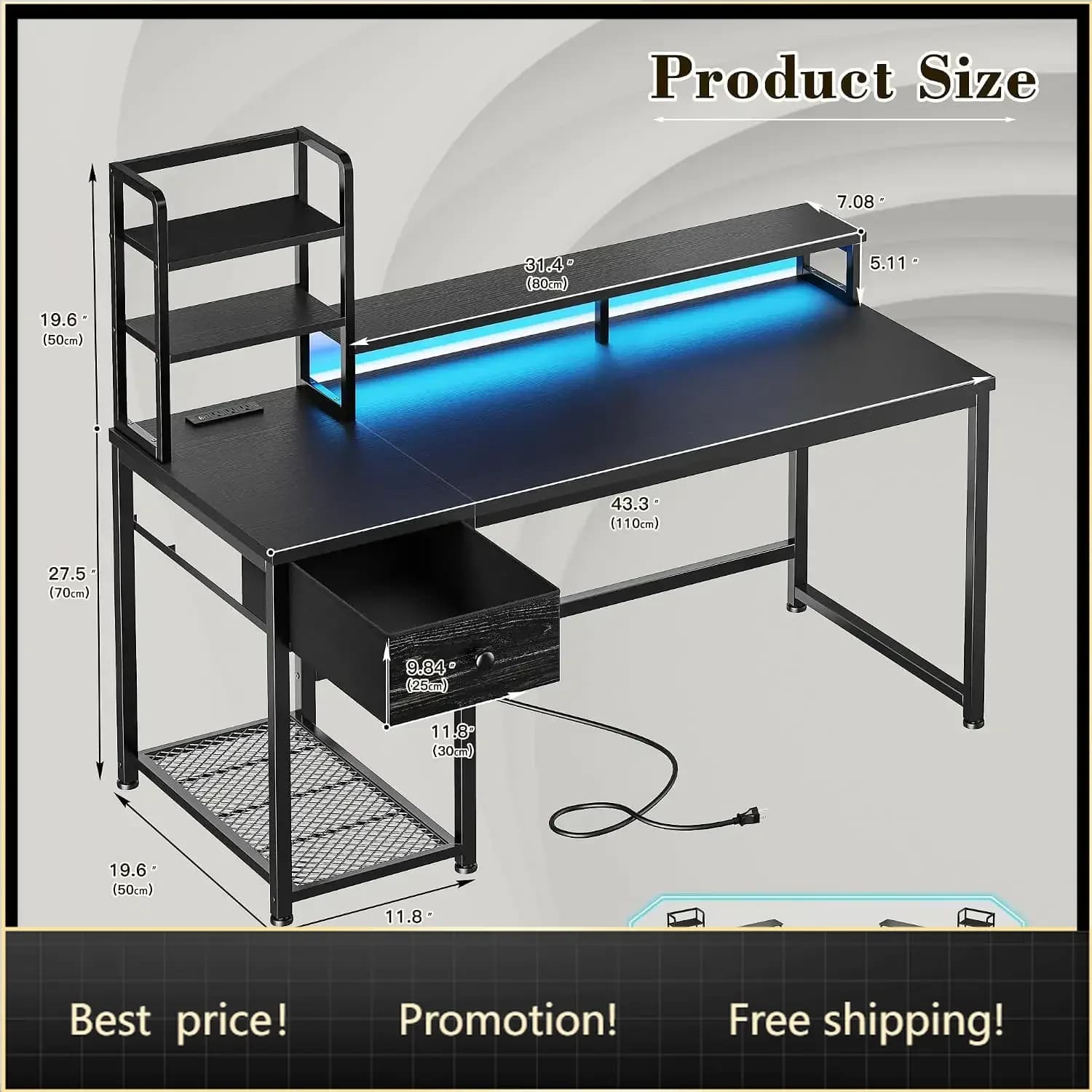 44" Gaming Desk with Hutch and Drawers,Black | Reversible Computer Desk with Monitor Shelf,Home Office Desks with Power