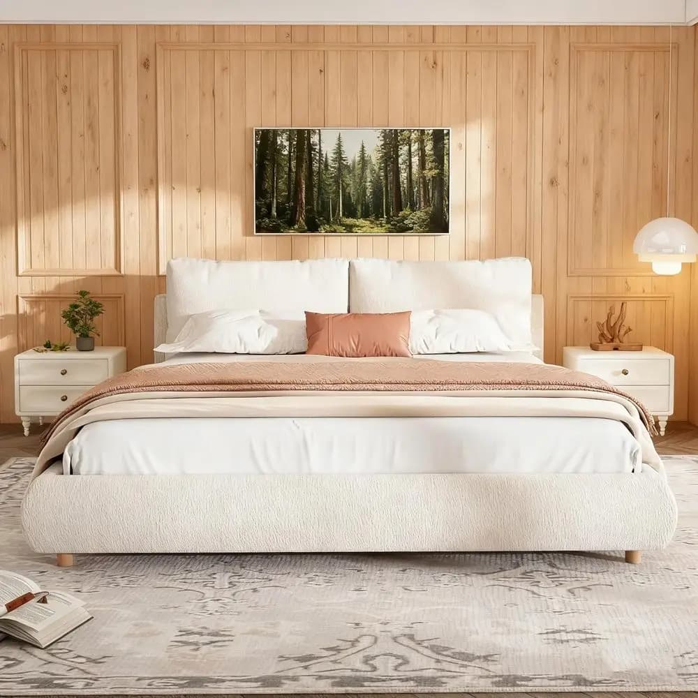 Boucle King-Size bed with pillows and headboard, padded structure with platform, no top, white