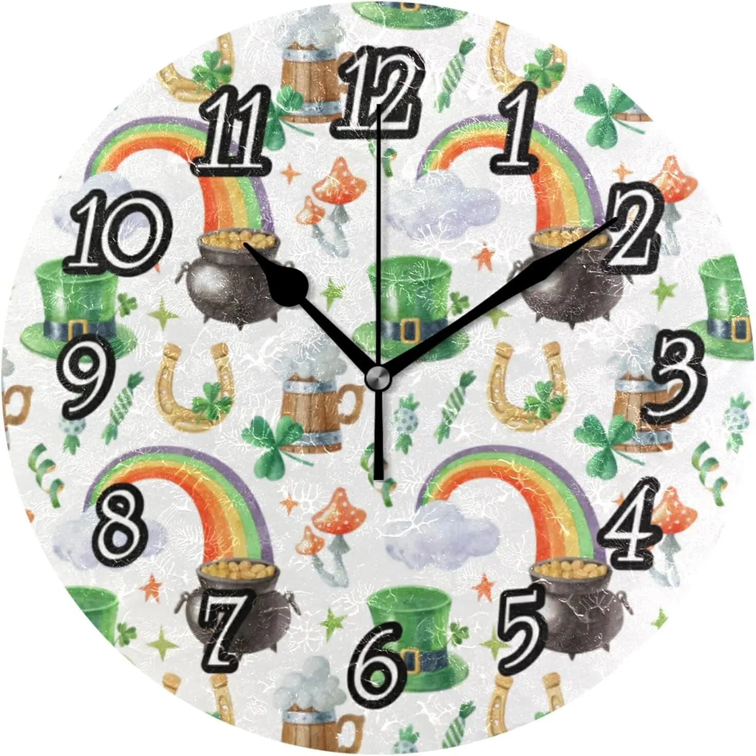 San Patrizio clover hat, gold vase, rainbow wall clock on white, silent round decoration without ticking, easy to read