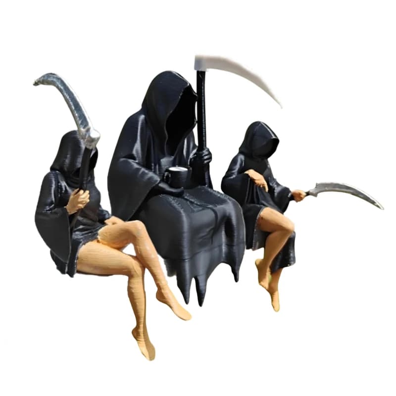 Statue spettrali stampate in 3D che tengono falce Sorelle della morte gotiche Figura Grim Reaper Scaffale Scultura Ornamenti per il desktop Halloween