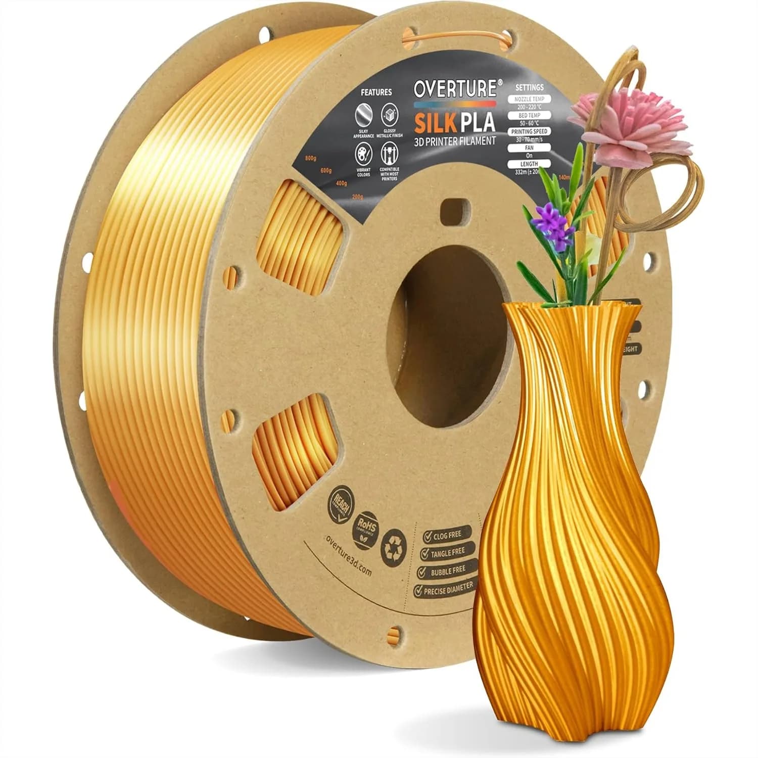 Filamento PLA Seta 1.75mm, Filamento per Stampante 3D Metallico Lucido Anti-intasamento, Bobina da 1kg, per Cosplay, Gioielli, Decorazioni per la Casa, Seta Leggera