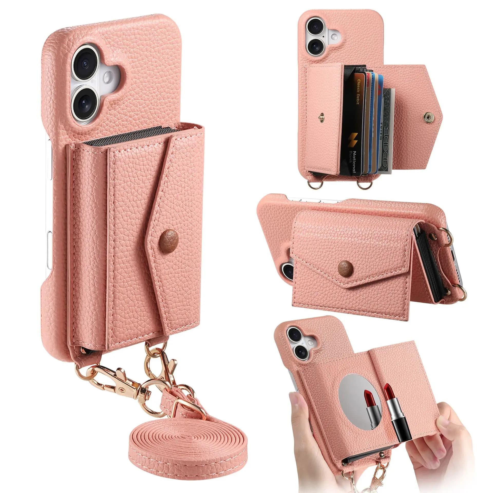 Custodia a tracolla in pelle con specchio per il trucco e porta carte a fisarmonica per iPhone 17 Air 16 15 14 13 12 11 Pro Max Plus