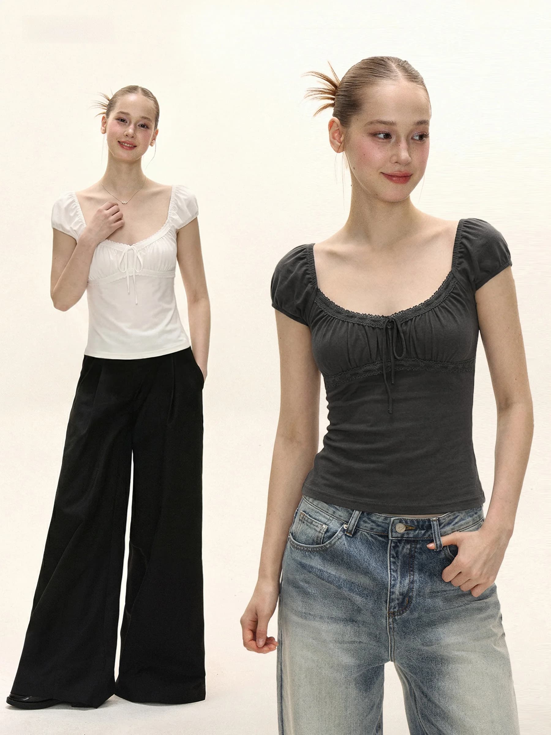 Summer Slim Fit Short Sleeve T-Shirt Women's Style American Collar Lace Trim Belted Top Breathable Casual Fashion Tee