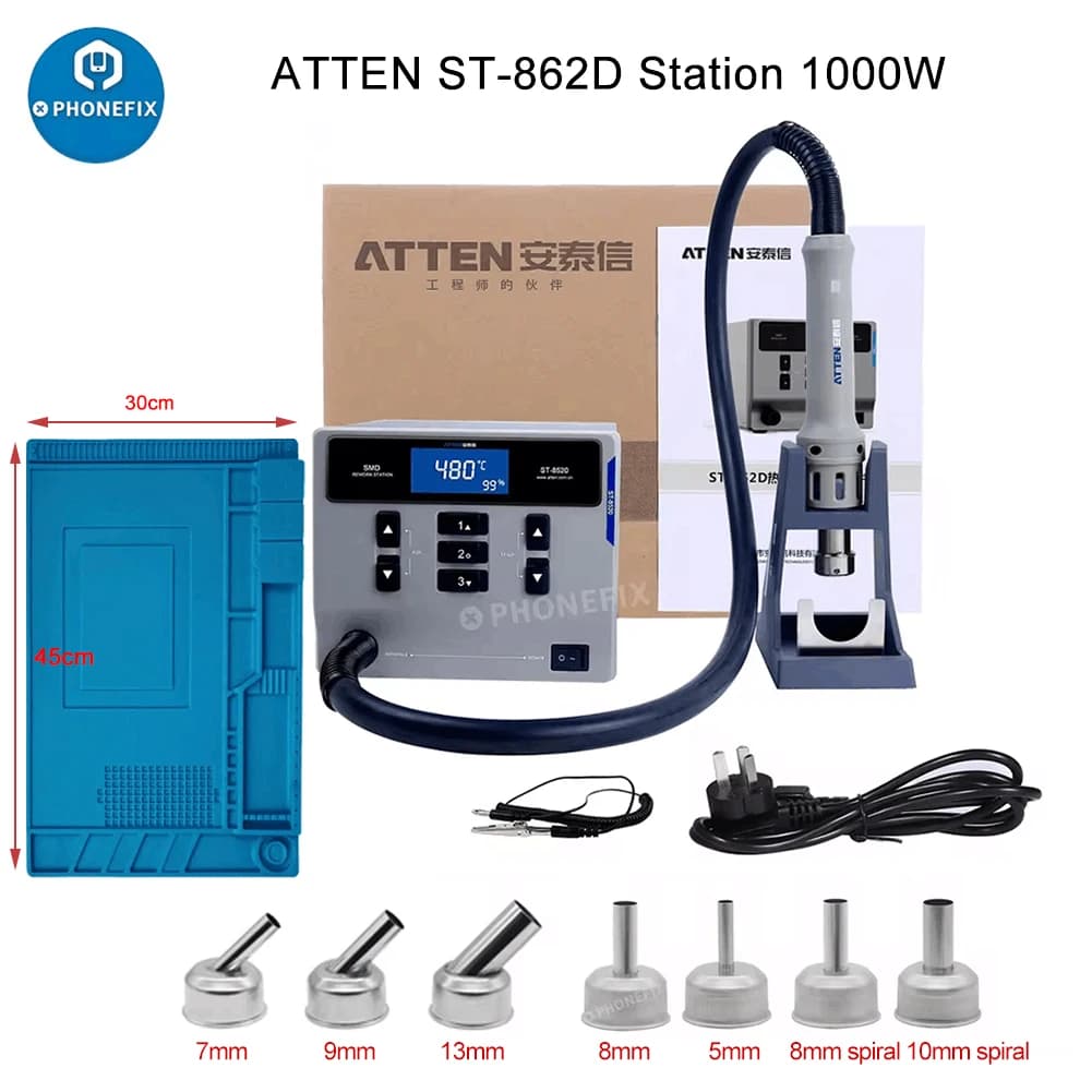 ATTEN ST-862D 1000W Pistola ad aria calda Stazione di rilavorazione BGA Sonno automatico Telefono cellulare Saldatura PCB Pistola ad aria calda intelligente Strumento di saldatura