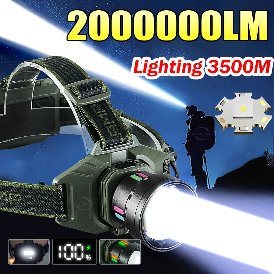 2000000 Lampada frontale ricaricabile a LED super luminosa LM con luce fluorescente Torcia da pesca all'aperto 18650 Lampada frontale