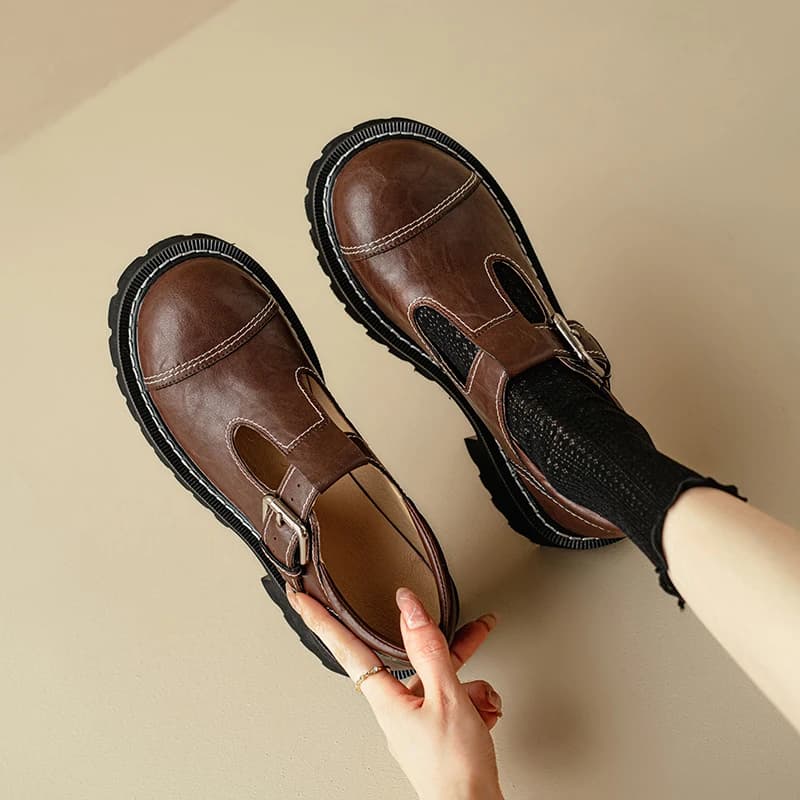Scarpe Mary Jane con Plateau in Vera Pelle Fatte a Mano, Stile Vintage Francese con Cinturino a T, Scarpe Scollate Stile Scolastico, Mocassini per Donne