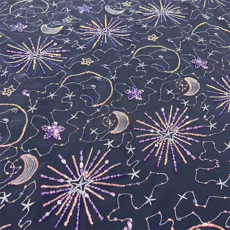 2 Yds/lot 130cm Wide Blue Star & Moon Gold Sequin Embroidered Fabric for Wedding Dresses, Evening Gowns & DIY Costumes F001