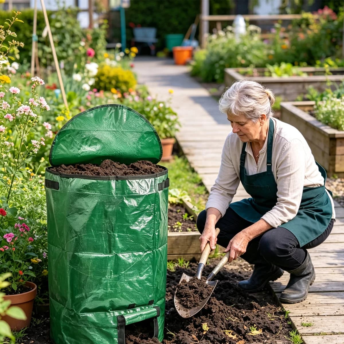 Reusable Outdoor Compost Bin Gardening Food Waste Collection Bag With Zipper Accessories Garden Home Supplies Tools Planting