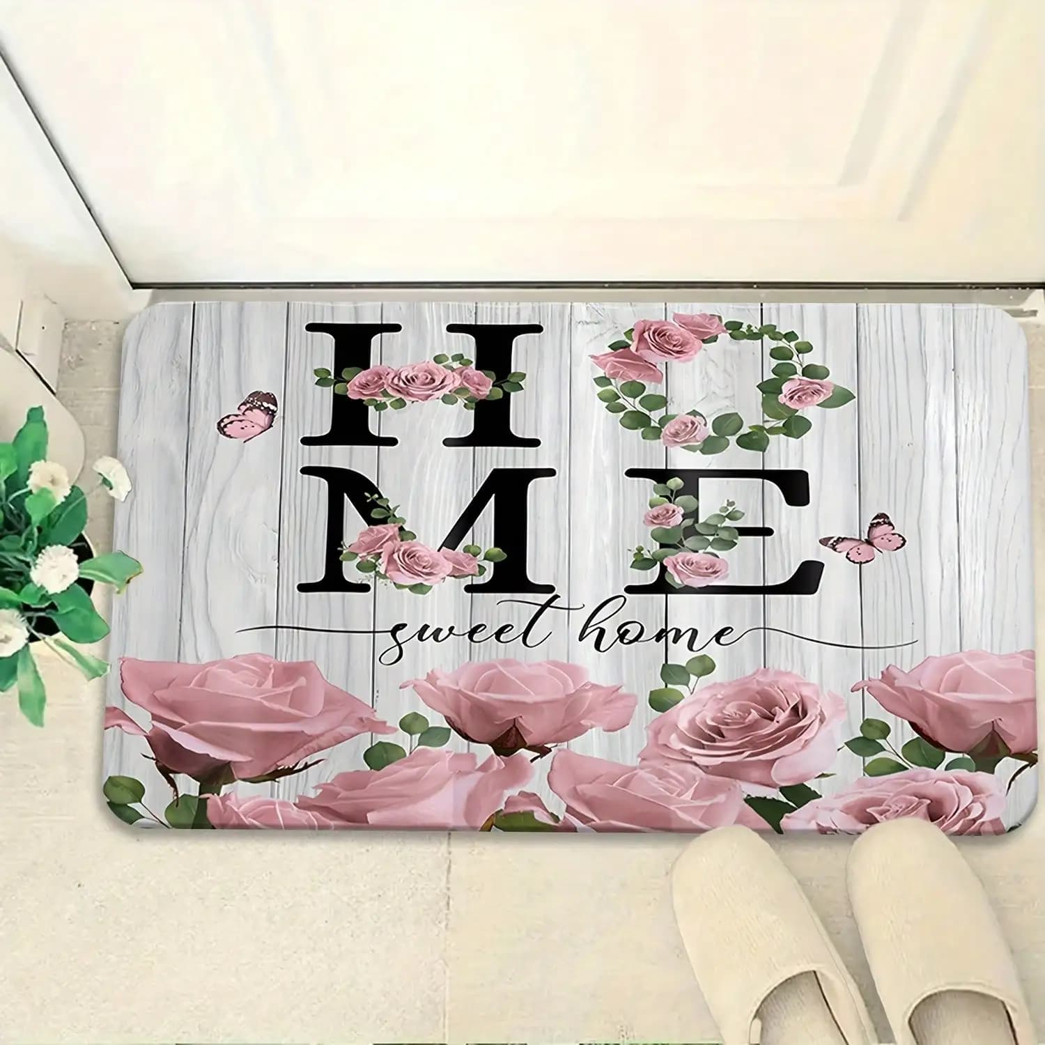 1pc Soft Flannel Non-Slip Machine Washable Mat - Wood Plank Texture With Pink Roses & "HOME Sweet Home" Design, 100% Polyester Lightweight Fade-Resistant