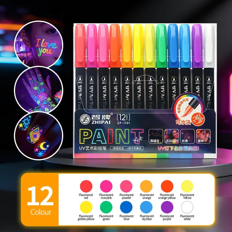 12Pcs UV Glow Paint Markers Set Fluorescent Blacklight Reactive Pens Washable Neon Art for Raves, Parties, Halloween Graffiti