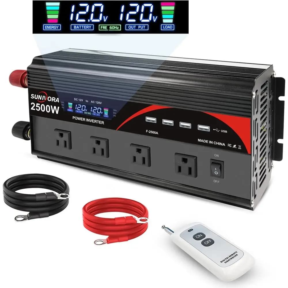 Convertitore da 2500 Watt con display LCD e telecomando Convertitore da 12 V CC a 110 V/120 V CA Potenza di picco 5000 W Convertitore per auto con 4 prese