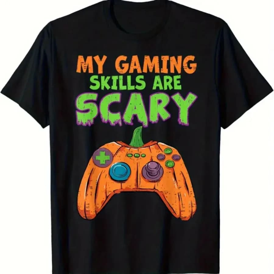 【Nuovo arrivo】T-shirt da uomo per Halloween con stampa "My Gaming Skills Are Scary" e controller a forma di zucca, divertente maglietta nera a maniche corte per giocatori