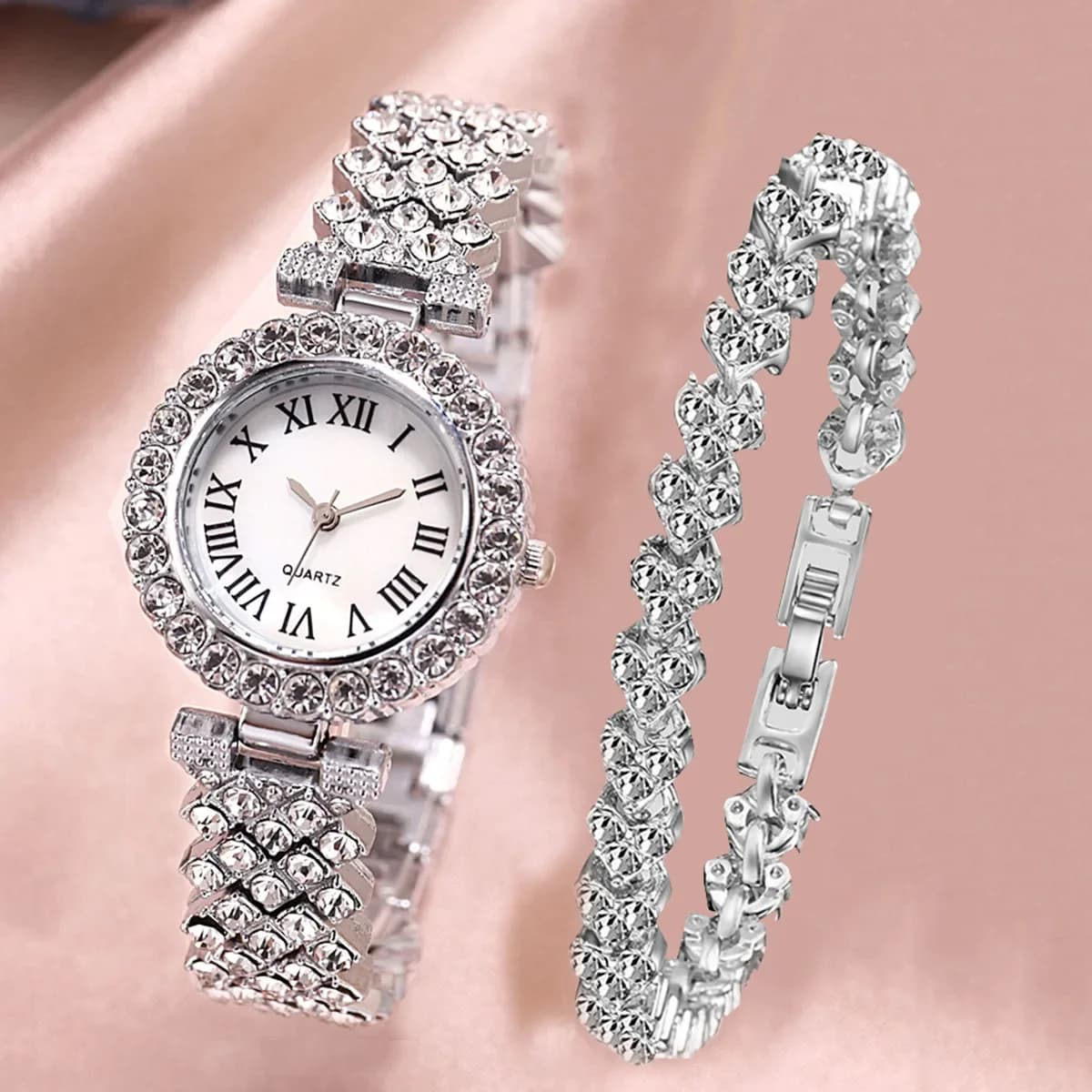 2 piece luxury women's rhinestone rose gold quartz watch with fashionable diamonds elegant wrist watch with bracelet gift set